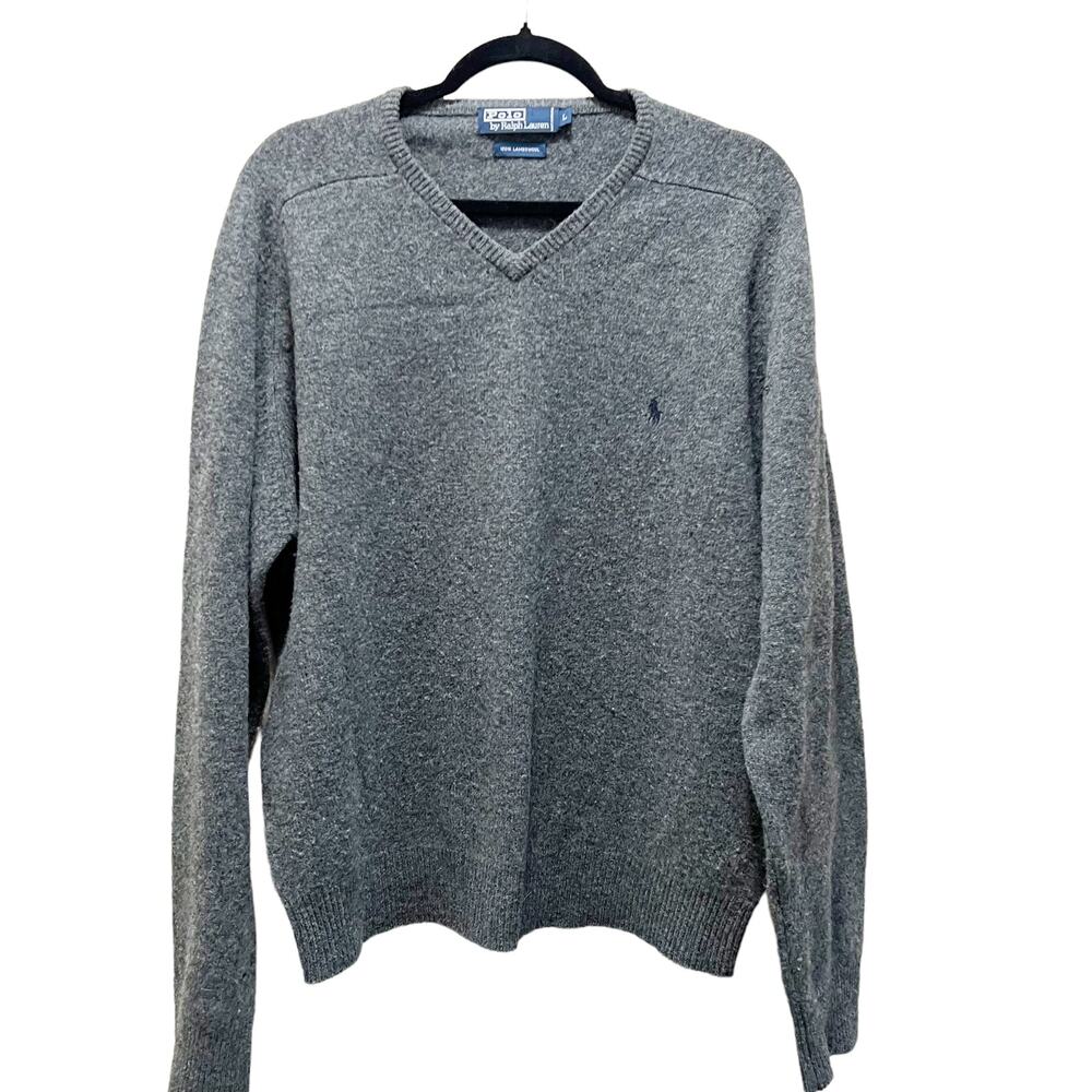 Polo By Ralph Lauren Sweater Heather Gray 100% Lambswool V-Neck Pullover Sz L